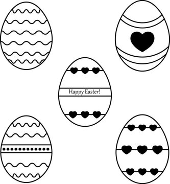 A set of Easter eggs with various decorations. A collection of Easter eggs with hearts, waves, and dots. Minimalistic holiday icons. An outline set of holiday symbols isolated on a white background.