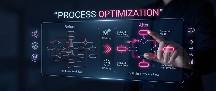 Business person interacting with a digital screen displaying process optimization before and after flowcharts