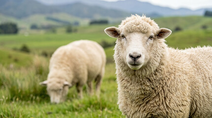 Fototapeta premium Sheep grazing in green pasture with close-up ewe portrait and soft mountain landscape background. 