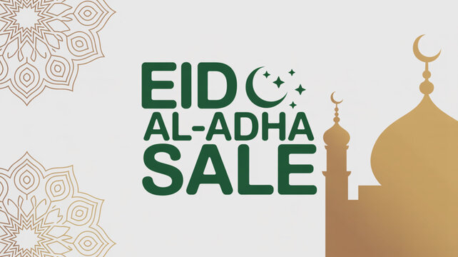 Eid al-Adha sale banner, Islamic holiday promotion, green and gold mosque background, Ramadan celebration