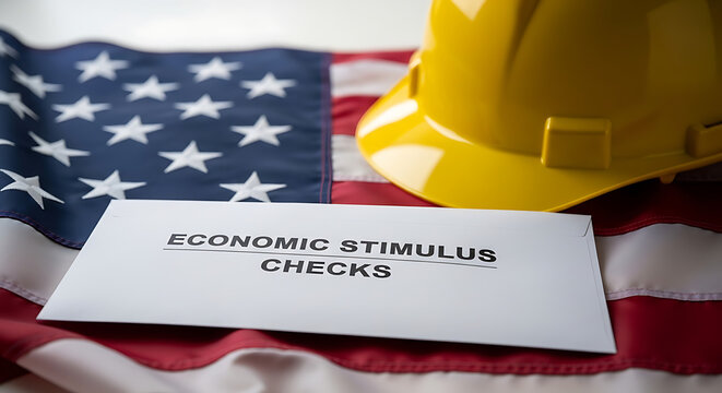 Economic stimulus check on American flag with yellow hard hat
