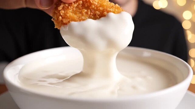 Close-up of a hand dipping a crispy golden chicken nugget into a bowl of creamy white sauce with a bokeh background.
