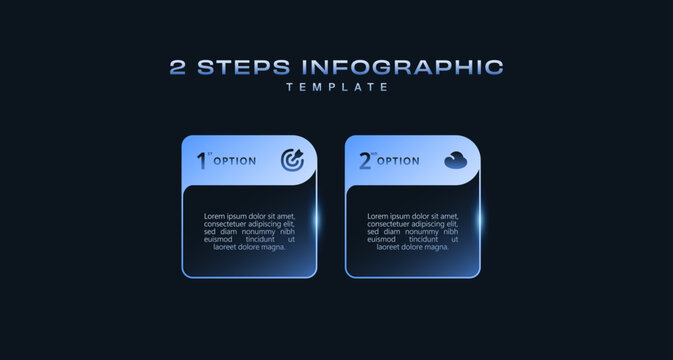 Dark minimal infographic label template with icons and 2 steps. Clean workflow layout, process diagram, flow chart, info graph for presentations and banners, modern vector design, business use