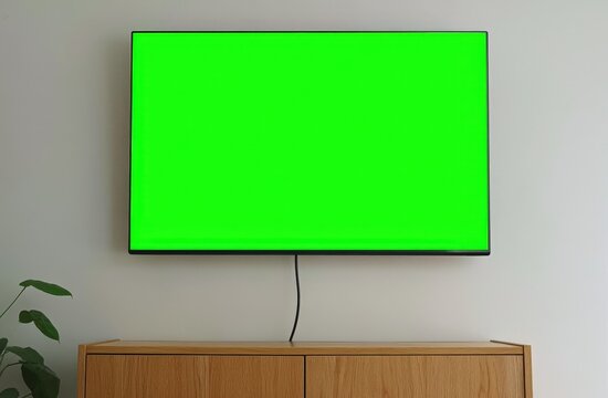 A flat-screen TV with a bright green screen is mounted on a white wall above a wooden cabinet with a plant on the left side.