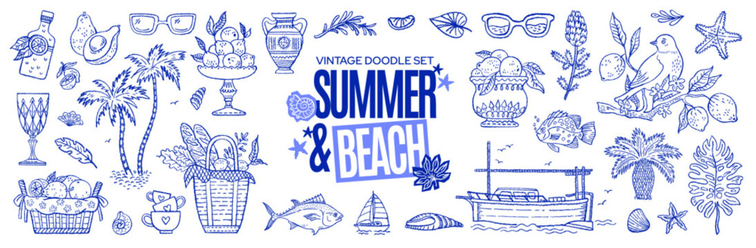 Summer Mediterranean sea beach doodle icon. Hand drawn summer lemon, sea food, beach palm, Italian wine. Sketch from Italy. Mediterranean vacation vector illustration element. Vintage watercolor bg