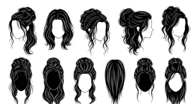 Variety of women's hairstyles collection black and white silhouettes for design and illustration
