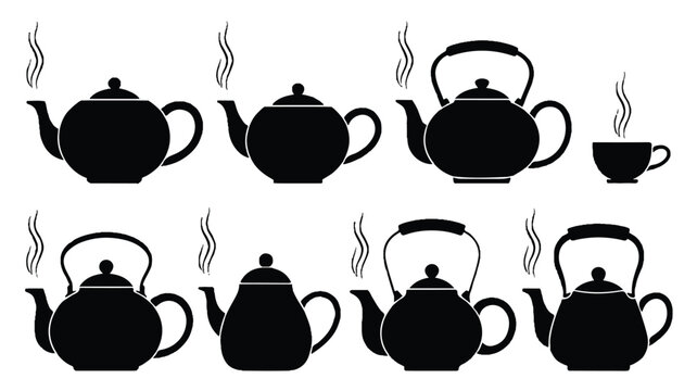 An illustration featuring seven black teapots and one cup with steam on a white background