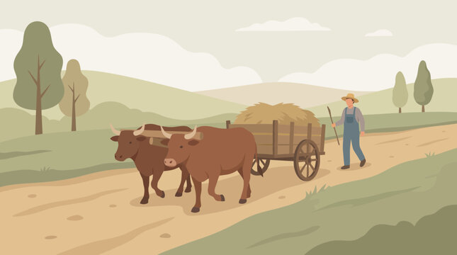 Farmer with Bullock Cart Transporting Hay in Rural Landscape