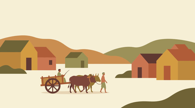 Minimalist illustration of a rural village with bullock cart and oxen
