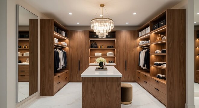 Spacious walk in closet interior with central island, pendant lighting, and warm walnut cabinetry, showing quiet luxury storage design and refined boutique inspired styling.
