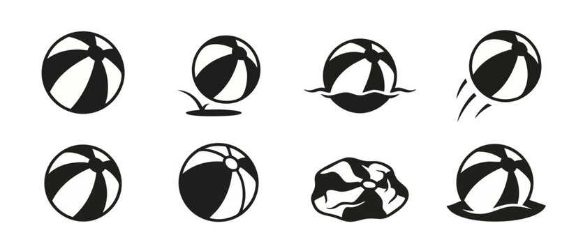 Beach ball icons set, summer toy graphic elements in black and white, flat vector illustration showing bouncing, deflated, and floating sport balls for water games and recreational vacation activities