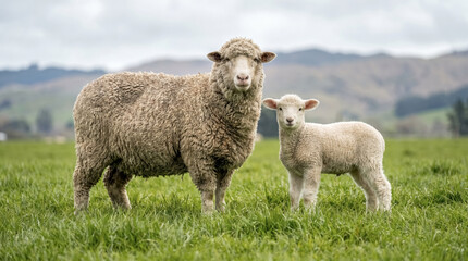 Fototapeta premium Merino sheep with lamb standing in green pasture, rural farm animal with mountain landscape background.