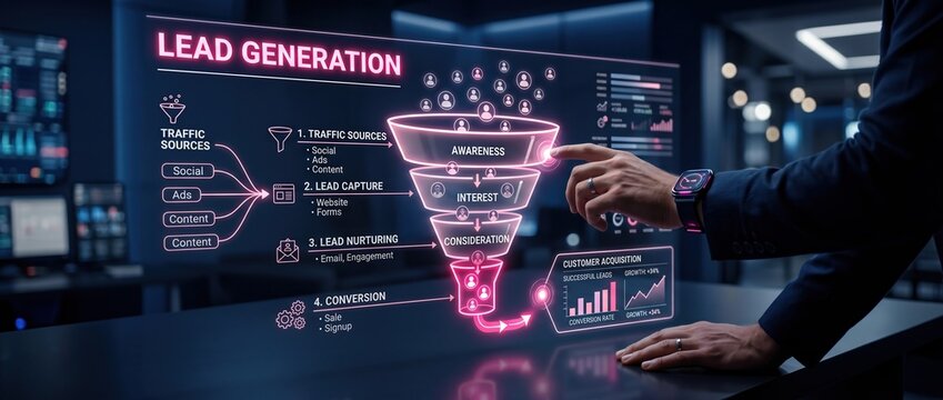 Businessman interacting with a futuristic holographic lead generation funnel dashboard during a business meeting