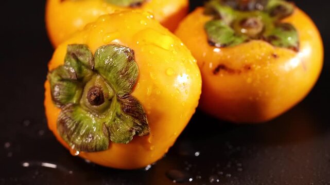Fresh orange persimmons with water droplets on dark surface cinematic footage of ripe seasonal fruit.