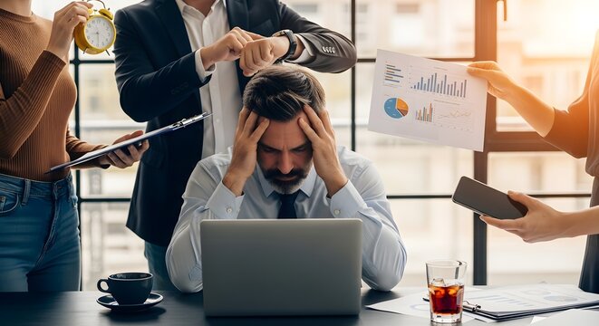 Stressed businessman overwhelmed by colleagues in a busy office environment with laptop and paperwork