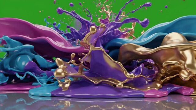 Vibrant pink, blue, and gold liquids merge and explode on a reflective surface with a green screen background.