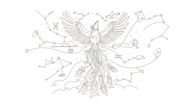 Intricate line art drawing of a mystical phoenix bird rising.