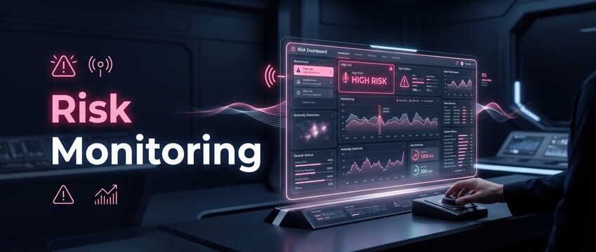 Cybersecurity analyst monitoring digital risk dashboard with glowing interface and data graphs