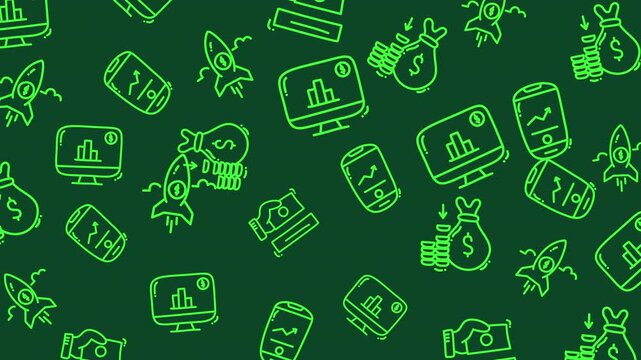 Seamless looping finance doodle pattern with money, charts, rocket growth, and digital banking icons in green neon line style on dark background. Modern business animation.