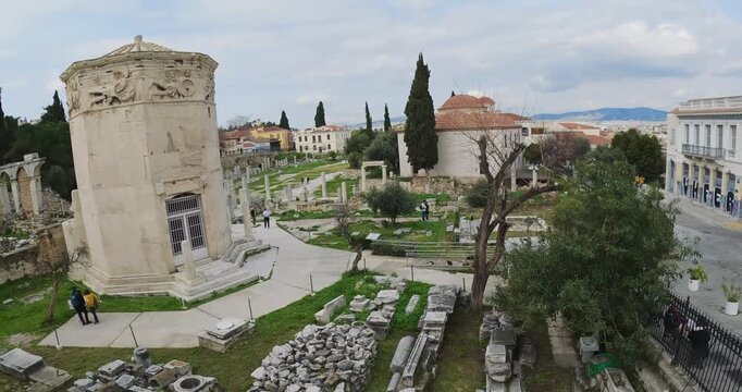 Ancient Tower of Winds or Aerides in Roman Agora, Athens, Greece, aerial view