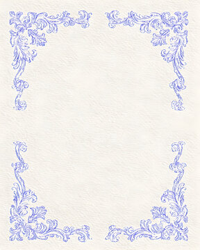 Vintage ornamental frame with blue floral baroque elements on textured paper background, elegant and classic decorative design.