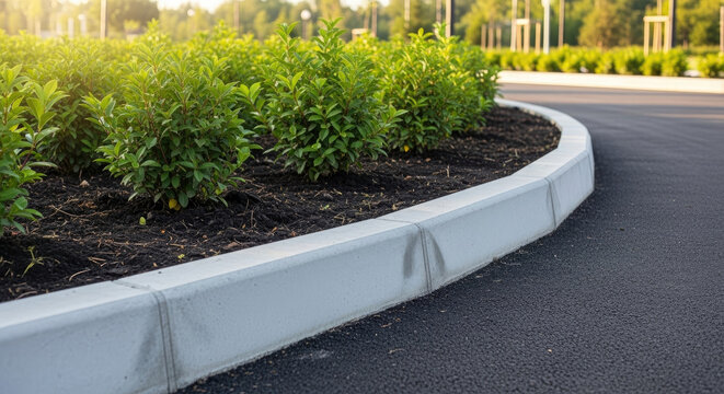 A close-up view of a newly constructed concrete curb and asphalt road