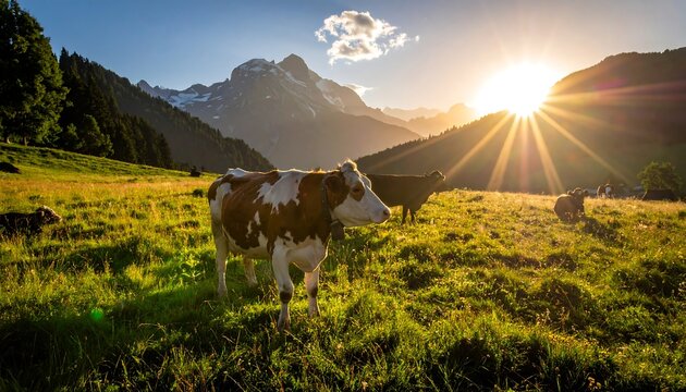 Cows graze in a sunlit alpine meadow