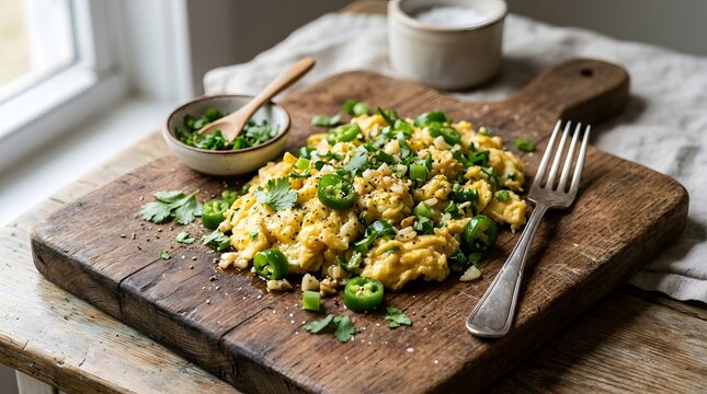 Scrambled eggs topped with sliced green jalape?os and fresh cilantro on a wooden board