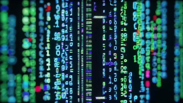 Slow-motion close-up of encrypted code streams scrolling vertically background animation