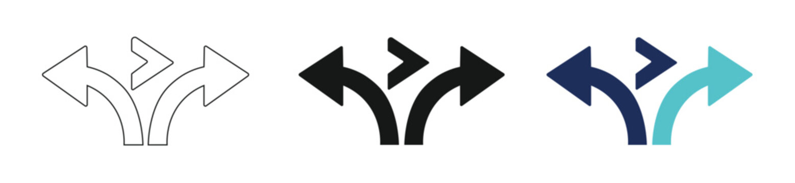 Arrow direction icons set &ndash; split path, left and right navigation, choice and decision-making symbols in outline, solid and color styles