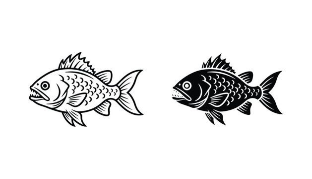 Predatory fish with sharp teeth in outline and solid black silhouette vector graphic for aquatic themes