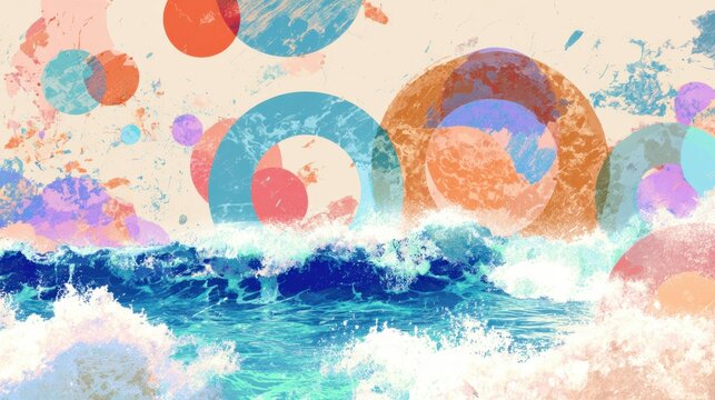 Whimsical Seaside Dreamscape: This image is a playful and imaginative illustration of a serene ocean scene adorned with colorful, abstract circles that dance above the gentle waves. 