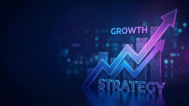Business strategy growth concept with glowing arrows and digital bar chart showing success progress in business development