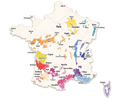 Aquarell-Landkarte der franz&ouml;sischen Weinregionen &ndash; stilisierte Weinkarte von Frankreich

