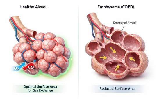 Lungs medical illustration comparing healthy alveoli with emphysema damaged air sacs, visible tissue rupture and surface loss, educational respiratory pathology visualization on clean white background
