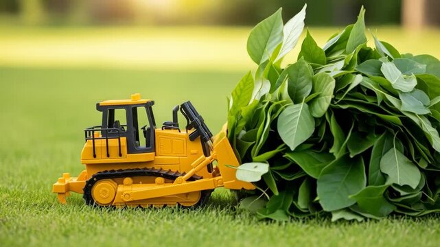Toy bulldozer pushing green leaves grass symbolizing environmental policy debates for nature care and environmental protection