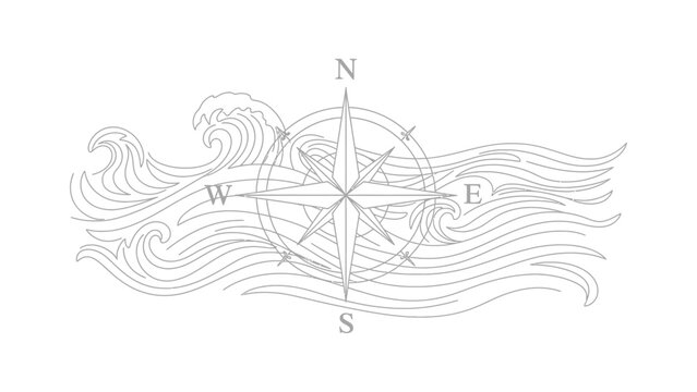 Nautical Compass Rose Illustration with Stylized Ocean Waves.