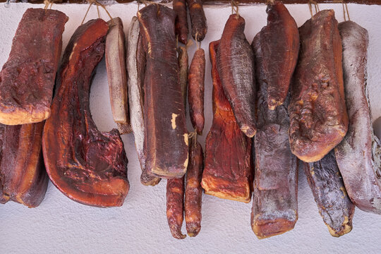 Close-up of traditional cured meat hanging to dry