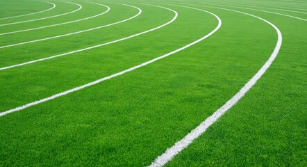 Obraz premium Curved white lane markings on a green synthetic running track under bright conditions.