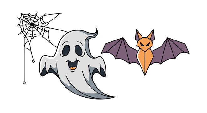 Halloween vector set with a cute ghost, a geometric bat, and a spider web.