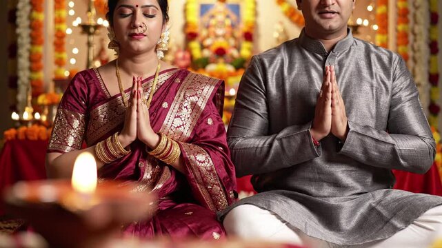 Couple praying with hands joined in namaste gesture during a religious ceremony, illuminated by diyas and surrounded by festive decorations