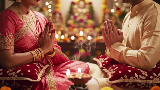 Couple praying with hands together during a religious ceremony, adorned in traditional Indian attire with diya lamps lit and idols in the background