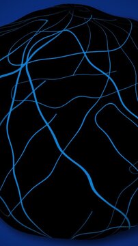 Looping abstract sphere rotation against blue backdrop. Dynamic motion design concept for digital interfaces and media visuals.