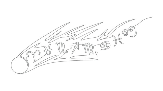Abstract comet illustration with zodiac astrology symbols.