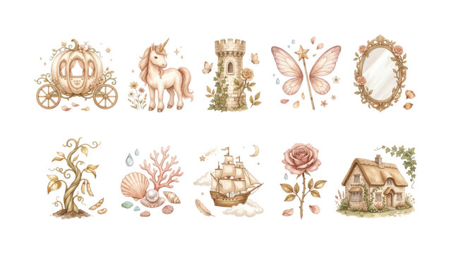 Watercolor Soft Realistic Fairy Tale Nursery Clipart Set &ndash; Pumpkin Carriage Unicorn Castle Tower Fairy Wings Magic Mirror Beanstalk Mermaid Shell Ship Sleeping Beauty Rose Fairy Tale Cottage 