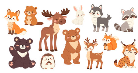 Obraz premium Set of flat vector illustrations. Forest animals, bear hare moose deer hedgehog fox squirrel raccoon beaver wolf