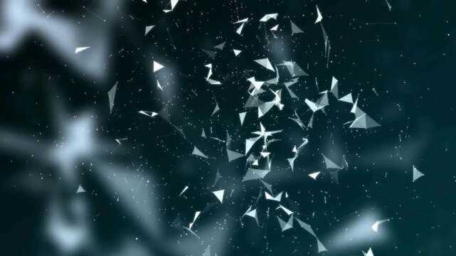 Glowing silver fragments flying in dark space with starry background