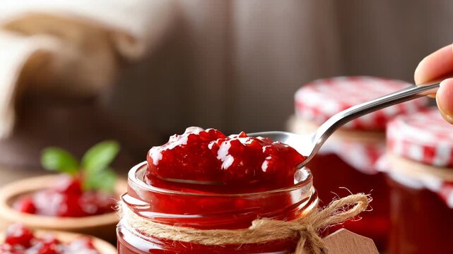 Spoon lifts jam from jar and shows the thick consistency Generative AI