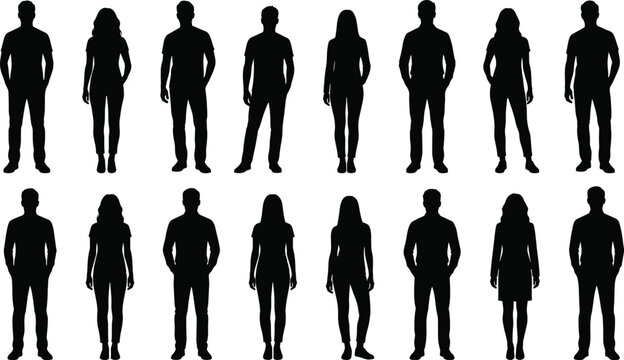 Sixteen diverse human silhouettes in standing poses representing gender and body shape variation for design concepts