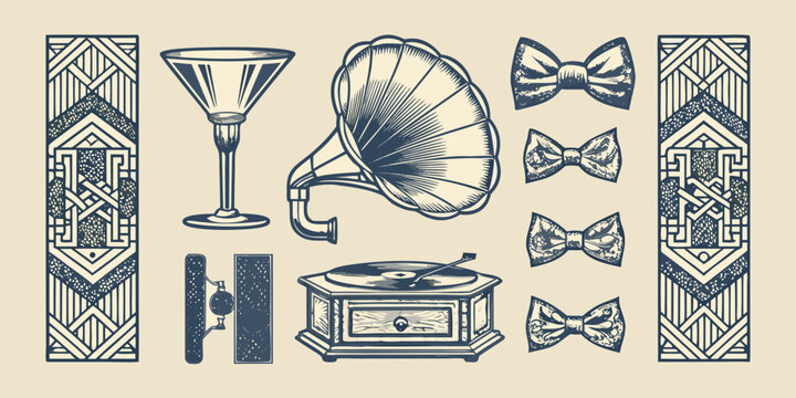 Art deco illustrations of vintage objects and geometric patterns